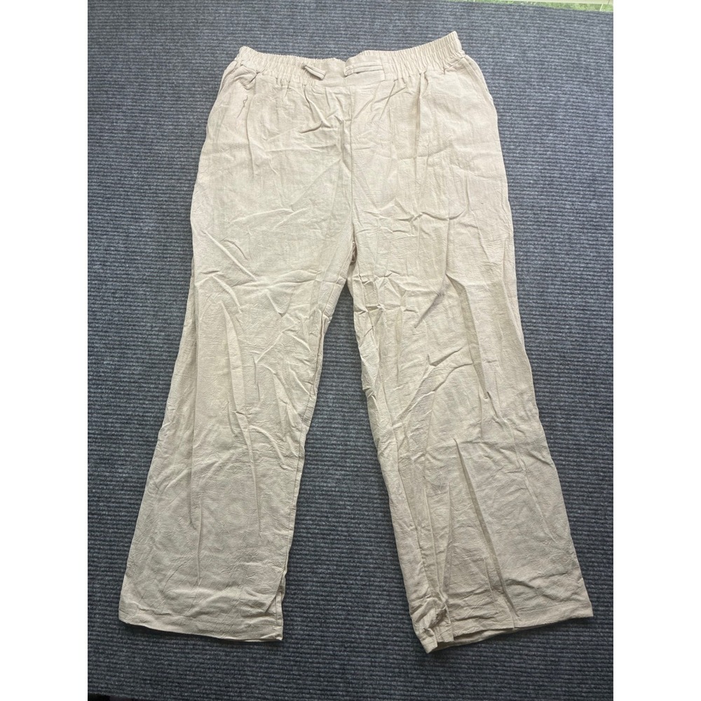 Women's Beige Wide Leg Textured Linen Like Pants 2XL Relaxed Summer Boho Trouser